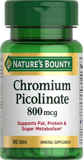 [BRSWIYQHBAAGIDYV] Nature's Bounty Chromium Picolinate, Supports Fat, Protein & Sugar Metabolism, Mineral Supplement, 800 mcg, 50 Tablets