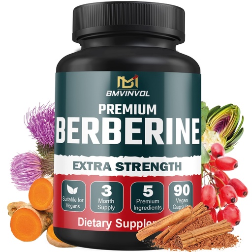 [BRSRMBIDCQNAGHI6] 5-in-1 Berberine HCl with Ceylon Cinnamon, Milk Thistle, Turmeric, Artichoke - 90 Capsules for 3 Month Supply