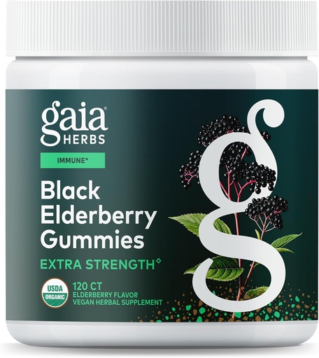 [BRSRMAA5PIOW2F3A] Gaia Herbs Black Elderberry (Sambucus nigra) Extra Strength Gummies - Delicious Immune Support Supplement* - Made with Certified Organic Black Elderberries for Immune System Support* - 120 Gummies