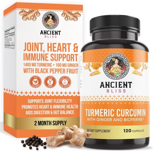 [BRSWKGYYAABWO3TI] Turmeric Curcumin with Ginger & Bioperine, Turmeric Curcumin with Black Pepper & Raw Ginger Root Powder Capsule Supplement by Ancient Bliss (120 Capsules)