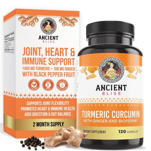 [BRSWKGYYAABWO3TI] Turmeric Curcumin with Ginger & Bioperine, Turmeric Curcumin with Black Pepper & Raw Ginger Root Powder Capsule Supplement by Ancient Bliss (120 Capsules)