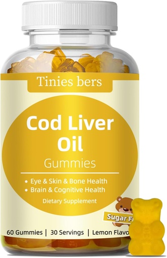 [BRSROAY7CECAYH3H] Cod Liver Oil Gummies 1000mg, Sugar Free for Adults & Kids, Omega-3s & Vitamin A&D for Brain, Cognitive, Heart & Eye, Bone Health, Gluten Free, Non GMO, Pectin, 60