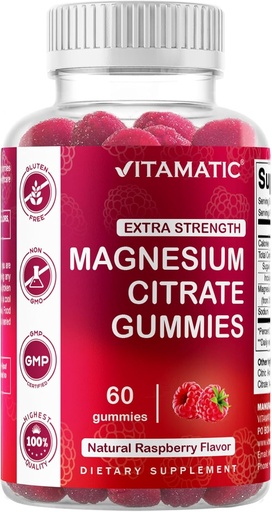 [BRSRMAINCNYGGHQY] Vitamatic Extra Strength Magnesium Gummies – 255 mg Elemental Magnesium per Serving – 60 Gummies (2-Pack) Supports Relaxation, Muscle Function, Bone Health & Energy – Vegan, Non-GMO, Gluten-Free