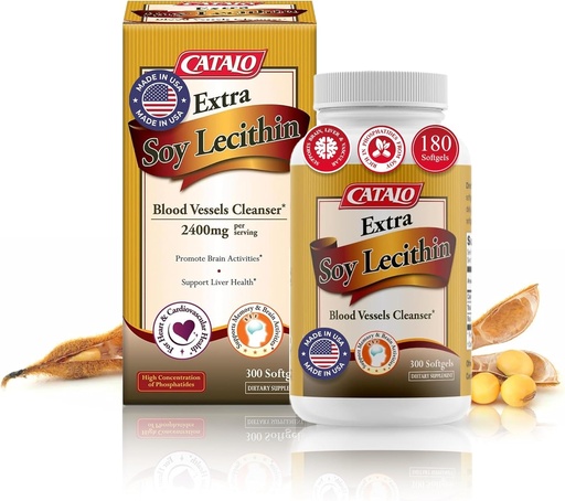 [BRSRAHA5BAIRUE3U] CATALO Extra Soy Lecithin Capsules – Blood Vessel Health, Brain Function, and Liver Wellness – Soy Lecithin Supplement for Adults, 300 Softgels