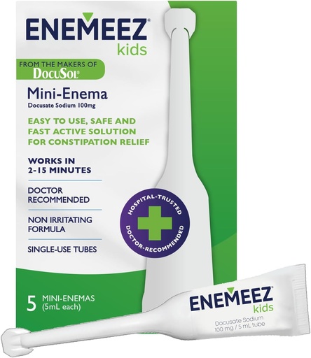 [BRSWG233BUIRGDT5] DocuSol Enemeez Kids Enema - Constipation Relief For Kids, Docusate Sodium Stool Softener, Fast-Acting, 5 Single-Use Disposable Tubes