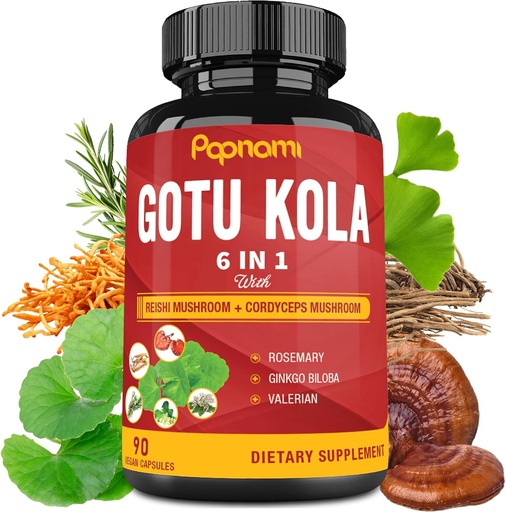 [BRSWYFL4PMMWKDT3] Organic Gotu Kola Extract Capsules with Reishi, Cordyceps, Rosemary, Gingko Biloba & Valerian Root - 90 Counts for 3 Months - Supports Brain, Immunity, Skin & Heart Health