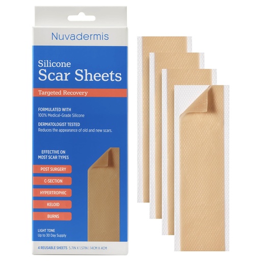 [BRSWYAT3OYFA4CQ6] NUVADERMIS Silicone Scar Sheets - Extra Long Scar Sheets for C-Section, Tummy Tuck, Keloid, and Surgical Scars - Reusable Medical Grade Silicone Scar Sheets - Pack of 4 - Light Tone