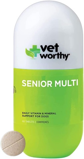 [BRSWGZTYAANGCD3K] Vet Worthy בכיר Multivitamin Chewable עבור כלבים - Antioxidants ותמיכה תזונתית - תמיכה יומית - ויטמינים חיוניים, מינרלים, ו Enzymes- Liver Flavor Chewable לכלבים - 60 טבליות