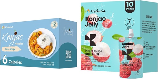 [BRSRAAAQAEMR6YA3] Hetstia Konjac Jelly Lychee Flavor med collagen Peptides 10 Pakker og Konjac Rice Glutenfri 12 Pakker Lav kalorie, keto, sukkerfri, sunn mat