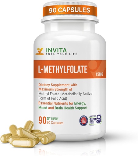 [BRSROYAKOYAWECA3] INVITA L- Methylfolate (15mg) - Професионална сила Active Methyl Folate - 5-MTHF Допълнение за енергия, настроение и имунна поддръжка - Non ГМО, Gluten Free, No Fillers (15 mg)