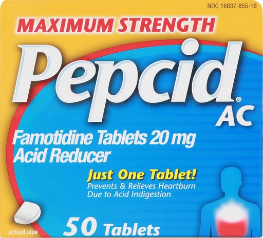 [BRSWIYTZDN4WMDL4] Pepcid AC Maximum Strength Heartburn Relief Tablets, OTC Medicine Prevents & Relieves Heartburn Due to Acid Indigestion & Sour Stomach, 20mg Famotidine Acid Reducer, Fast-Acting, 50 ct