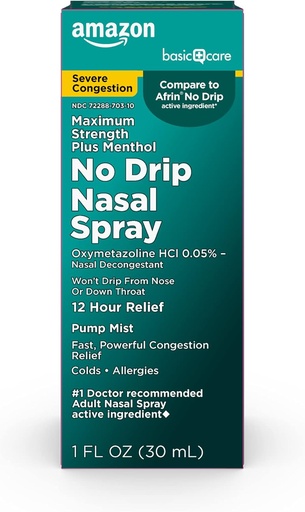 [BRSWGHYFC4CRU3QZ] Cuidado básico No Drip Severe 12 horas Bomba nasal Decongestant Mist, Steroid Free, Maximum Strength Plus Menthol 1 fl oz (Pack of 1)