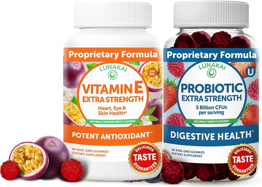 [BRSW2HANCUFGY3LA] Lunakai Vitamin E and Probiotic Gummies Bundle - 3000 mcg Gummies for Adults Energy Support - with 5 Billion CFUs Per Serving for Digestive Health - Non-GMO, All Natural