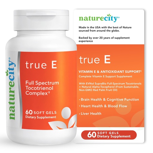 [BRSWKZI3CQGGOH3K] NatureCity True-E Full Spectrum Tocotrienols Vitamin E & Natural Alpha Tocopherol Supplement | Sustainable Vitamin E Tocotrienols from Evnol Suprabio | Non-GMO Vitamin E Complex | 60 Soft gels