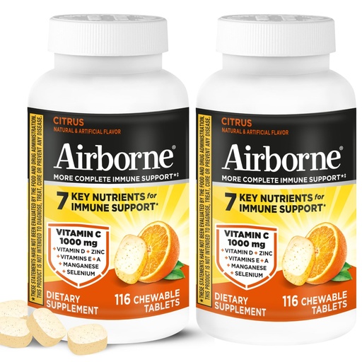 [BRSWYFDROF7BOET2] Airborne Citrus Chewable Tablets, 116ct (2 Pack) | Immune Support Supplement with 1000mg Vitamin C + Vitamins A, D, E, Zinc,Selenium, & Manganese | Herbal Blend | Gluten Free