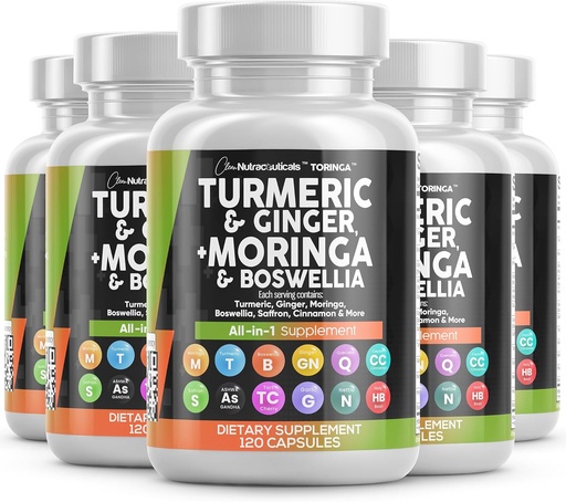 [BRSRAATYAUBGEAA4] Turmeric Moringa Supplement | Ginger Boswellia Saffron - Supplement for Women and Men with Ceylon Cinnamon, Tart Cherry, Quercetin Garlic Nettle Holy Basil - 5Pack