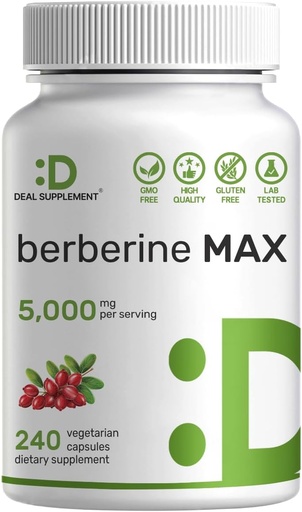 [BRSROZIPCMHWADLZ] DEAL SUPPLEMENT Berberine Max Supplement with Turmeric, 5,000mg Per Serving, 240 Veggie Capsules – 97% Pure Berberine HCl – 20:1 Turmeric Root Extract – Vegetarian Friendly, Non-GMO