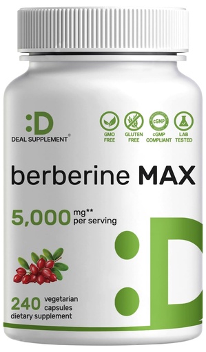 [BRSROZIPCMHWADLZ] DEAL SUPPLEMENT Berberine Max Supplement with Turmeric, 5000 mg** Per Serving, 240 Vegetarian Capsules | Berberine HCl with Turmeric Root Extract | Non-GMO