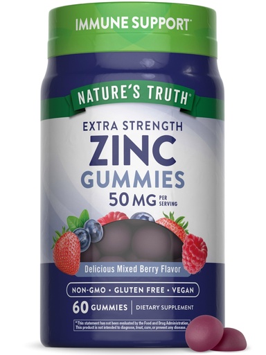 [BRSWYAQECEBGAEY4] Nature's Truth Zinc Gummies for Adults | 50 mg | 60 Count | Vegan, Non-GMO & Gluten Free Extra Strength Supplement | Mixed Berry Flavor