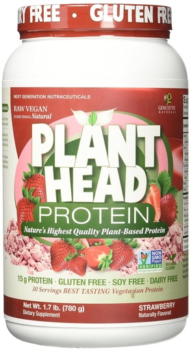 [BRSWKFL6BAAR2F36] Genceutic Naturals Plant Head Protein Naturally Flavored Best Tasting Strawberry Raw Vegan Vegetarian Protein Dietary Supplement Gluten Soy Dairy GMO Free – 30 Servings (1.8 Pounds)
