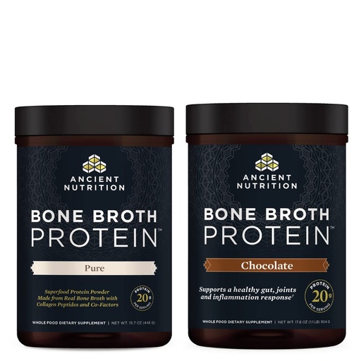 [BRSRMEARCQHQE33V] Ancient Nutrition Bone Broth Protein Powder, Pure, 20 Servings + Bone Broth Protein Powder, Chocolate, 20 Servings