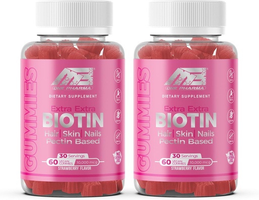 [BRSRAZTROYFA2CQ6] MB One Biotin Gummies-High Potency-Healthy Hair, Skin and Nails Strengthening, Vitamin B7, (10000 Mcg) Non-GMO, Pectin Plant Based, for Kids and Adult, Strawberry Natural Flavor 2 Pack