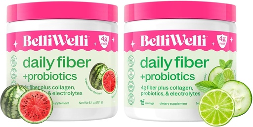 [BRSRAAQ6DJ6BEYIZ] Belli Welli Daily Fiber Supplement Bundle - Cucumber Lime Mint & Watermelon - with Collagen, Probiotics & Electrolytes - Refreshing Wellness Flavors, 32 Total Servings