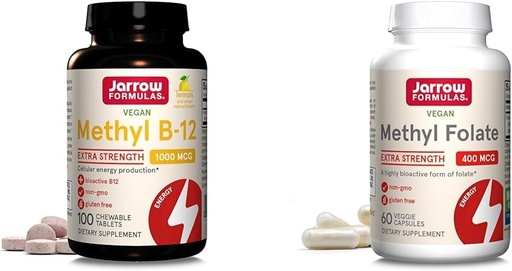 [BRSRAY33OYGRG33F] Jarrow Methyl B-12 1000mcg 100 Chewables & Methyl Folate 400mcg 60 Capsules de légumes pour l'énergie cellulaire, le cerveau, la santé cardiovasculaire et neurologique