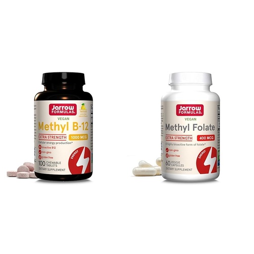 [BRSRAY33OYGRG33F] Jarrow Methyl B-12 1000mcg 100 Chewables & Methyl Folate 400mcg 60 Veggie Capsules Bundle for Cellular Energy, Brain, Cardiovascular & Neurologic Health Support