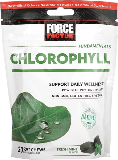 [BRSRMZA6C4BBG2YZ] FORCE FACTOR Chlorophyll Soft Chews Antioxidants Supplement to Reduce Body Odor, Promote Fresh Breath, Non-GMO, Gluten-Free, and Vegan, Fresh Mint Flavor, 30 Soft Chews, Green