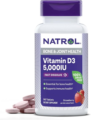 [BRSWKYI5AENRS3DO] Natrol Fast Dissolve Vitamin D3 5,000 IU, Dietary Supplement for Bone and Joint Health, Bone Support Supplement, 90 Tablets, 90 Day Supply