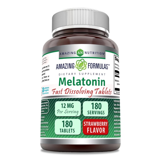 [BRSWYBIHOADRMCI2] Amazing Formulas Melatonin 12 mg Per Serving Tablets Supplement | Non-GMO | Gluten Free | Made in USA (180 | Strawberry)