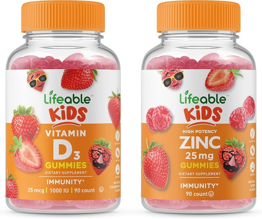 [BRSW2H36A4DRODLP] Lifeable Zinc 25mg Kids + Vitamin D Kids, Gummies Bundle - Great Tasting, Vitamin Supplement, Gluten Free, GMO Free, Chewable Gummy