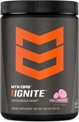 [BRSRAYAZBAOWAGQU] MTN OPS Ignite Energy Drink Powder, Gluten Free Nootropic Supplement Drink Mix, L Arginine, L Citrulline, koffein & Nootropic Sugar Free Drink Mix, 45 szervadékok, Rózsaszín Lemonade