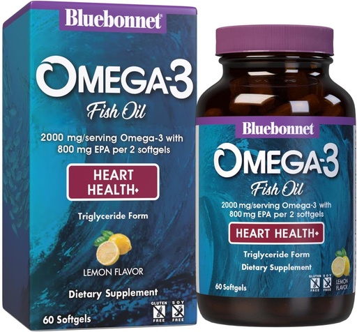 [BRSWIYT3PMMWIHL2] Bluebonnet Διατροφή Omega-3 Φόρμουλα καρδιάς Φυσικό Άγριο Καρφωμένο Τριγλυκερίδιο μορφή DHA 600 mg EPA 800 mg - Υψηλής πυκνότητας συμπλήρωμα υποστήριξης καρδιάς - Χωρίς γλουτένη - 60 Softgel