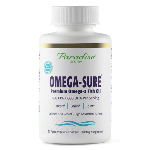 [BRSWIZYIDIBBW2TC] Paradise Herbs Omega-Sure, Omega-3 Concentrate, Premium Fish Oil, DHA, EPA, Vegan, Non GMO, Gluten Free, 60 Count Vegetarian Softgels