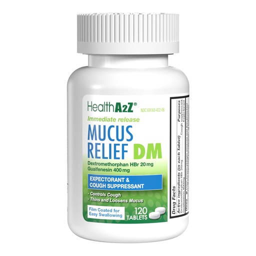 [BRSROGAEB55BYDTX] HealthA2Z® Mucus Relief DM | Dextromethorphan HBr 20mg | Guaifenesin 400mg | No Benzene | Cough, Immediate Release, Uncoated (120 Count (Pack of 1))