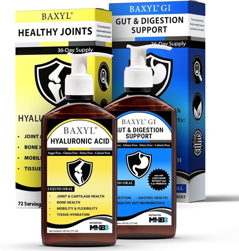 [BRSROGQHAB4B42D4] BAXYL & BaxylGI Bundle Pack - (6 fl oz Each) - Hyaluronic Acid Joint Supplement & Hylarunonan Amaferm Prebiotic Digestive Supplement.
