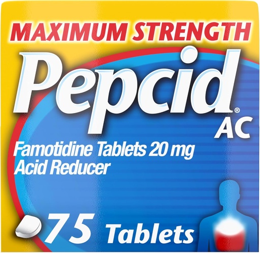 [BRSWYBDRAECWGDTL] Pepcid AC maksimālais spēks Heartburn Relief tablets, OTC Medicine Novērš un atvieglo Heartburn sakarā ar skābes gremošanas traucējumiem, 20mg Famotidīns Acid Reducer, Ātra iedarbība, 75 Ct