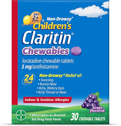 [BRSROZI2CEMAYGQV] Children's Claritin Chewables 24 Hour Allergy Relief, Non Drowsy Kids Allergy Medicine, Grape Antihistamine Chewable Tablets, 30 Count