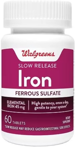 [BRSW2EDRCUCAGAY6] Iron Slow Release High Potency Ferrous Sulfate 45mg, Tablets, 60 ea