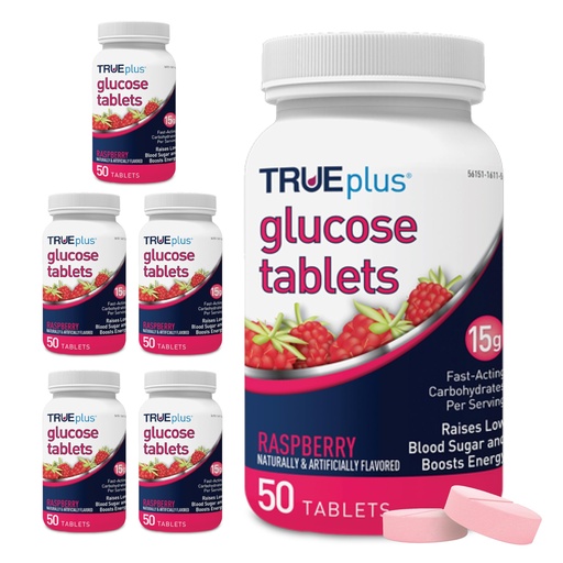[BRSWIFAMBAGQMGTU] TRUEplus Glucose Tablets, Chewable, Raspberry Flavor, 15g Fast-Acting Carbohydrates, Fat Free, Gluten Free, Boost Energy, 50 Count, 6 Bottles