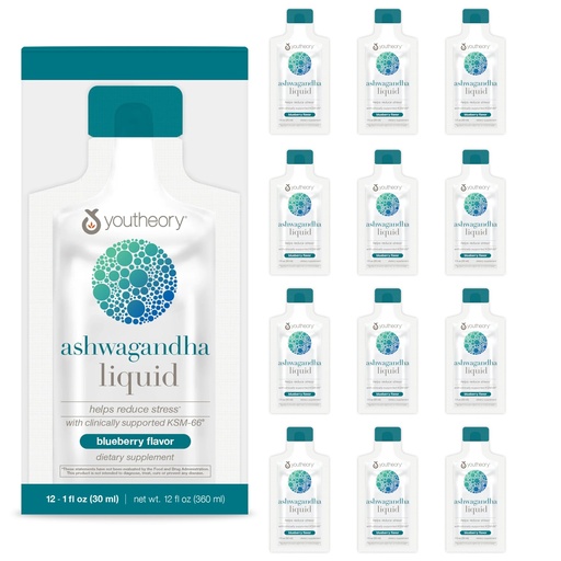 [BRSW2C33OR7GE2A2] Youtheory Ashwagandha Liquid - with Organic KSM-66 Ashwagandha - Herbal Blend to Support Stress Relief & Energy Levels* - Helps Support Mood* - 1 oz Single Serve Packet, Pack of 12