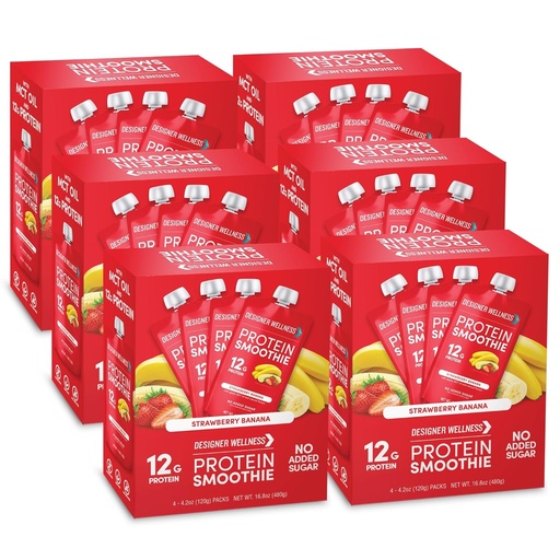 [BRSROGQCOEPA4E3H] Designer Wellness Protein Smoothie, Real Fruit, 12g Protéines, Faible Carb, Zéro Sucre ajouté, Sans gluten, Non-OGM, Pas de Couleurs ou d'arômes artificiels, Banane de fraise, 24 Compte