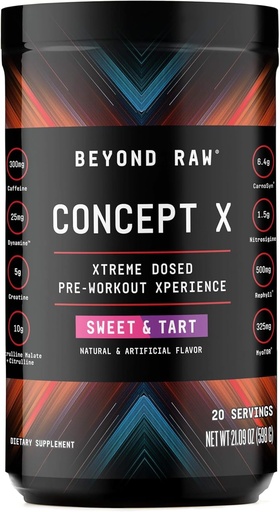 [BRSRMY3QOBYRYFDZ] BEYOND RAW Concept X, Clinically Dosed Pre-Workout Powder, Contains Caffeine, L-Citrulline, Creatine, and Beta-Alanine, Sweet & Tart Flavor, 20 Servings