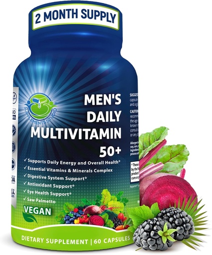 [BRSRAGDQCB7RGH3B] Mannen dagelijks Multivitamine 50 Plus - Vegan Gemethyleerde Multivitamine voor mannen 50 en ouder - Zag Palmetto, Biotin, Biologische Superfoods, Luteïne - Oog, Energie, Gut, Gezondheidsondersteuning - Gemakkelijk om Capsules door te slikken