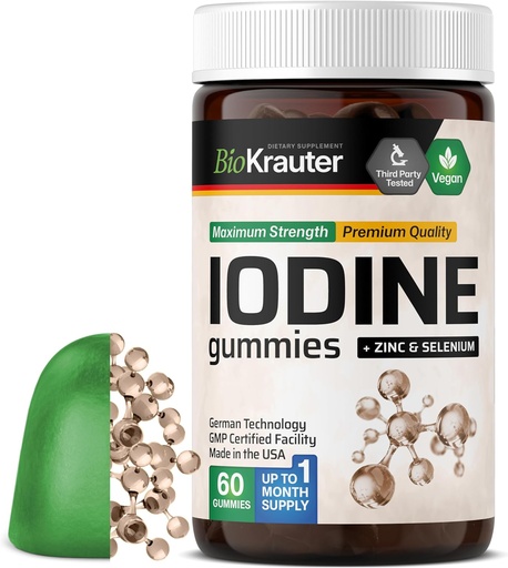 [BRSRMEIDO4PBQ2DJ] BIO KRAUTER Jodu gumijas - 60 Vegan Chews - 250 μg Kālija jodīds - Jodu papildinājums ar Selenium Zink - Apple Flavor, Pektīna bāzes košļājamās rotaļlietas