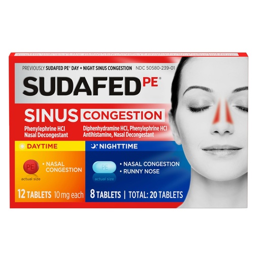 [BRSWGZ3RBEFB4AI2] Sudafed PE Sinus Congestion Day + Night Maximum Strength Decongestant & Antihistamine Tablets with Phenylephrine HCl & Diphenhydramine HCl, Helps Nasal & Sinus Pressure & Congestion, 20 ct