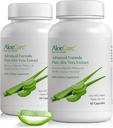 [BRSWKHY4AV4QAYDD] AloeCure Organic Aloe Vera капсули, 160 000mg Inner Aloe Leaf Еквивалентно на Сервиране, Support Gut, Digestive, & Имунно здраве, Помага за поддържане на балансирана стомашна киселина, Алоин безплатно, 60 капсули x 2Btl