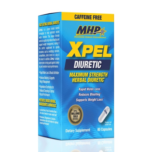[BRSRAZQPOAGWMHQU] MHP Xpel Maximum Strength Diuretic Water Pills, for Water Retention Relief, Caffeine-Free with Vitamin B-6 Potassium Dandelion Root, 80 Capsules
